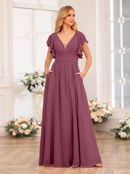 Vestidos Longos de Festa de Casamento com Decote Em V A-Line/Princesa com Laterais Divididas e Bolsos