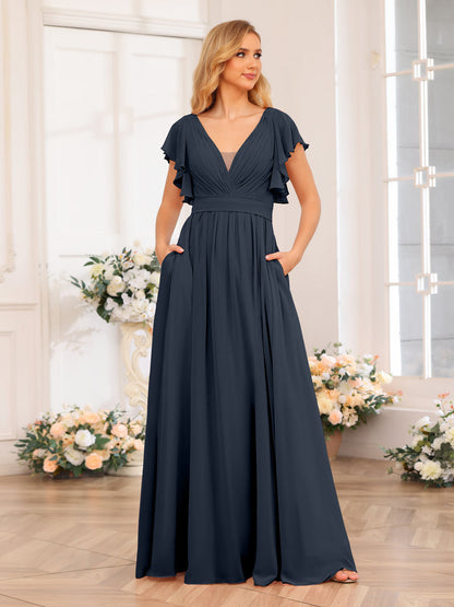 Vestidos Longos de Festa de Casamento com Decote Em V A-Line/Princesa com Laterais Divididas e Bolsos