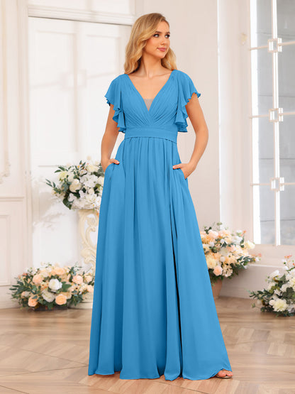 Vestidos Longos de Festa de Casamento com Decote Em V A-Line/Princesa com Laterais Divididas e Bolsos
