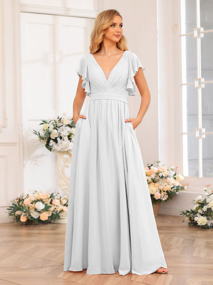 Vestidos Longos de Festa de Casamento com Decote Em V A-Line/Princesa com Laterais Divididas e Bolsos