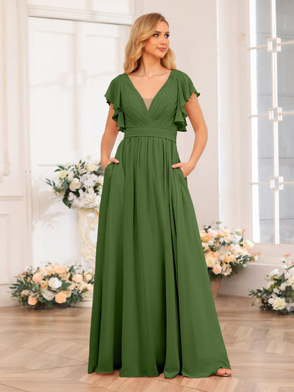 Vestidos Longos de Festa de Casamento com Decote Em V A-Line/Princesa com Laterais Divididas e Bolsos