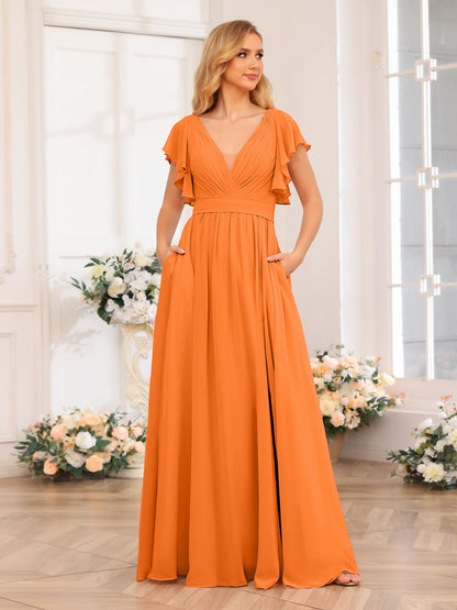 Vestidos Longos de Festa de Casamento com Decote Em V A-Line/Princesa com Laterais Divididas e Bolsos