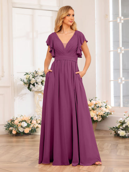 Vestidos Longos de Festa de Casamento com Decote Em V A-Line/Princesa com Laterais Divididas e Bolsos