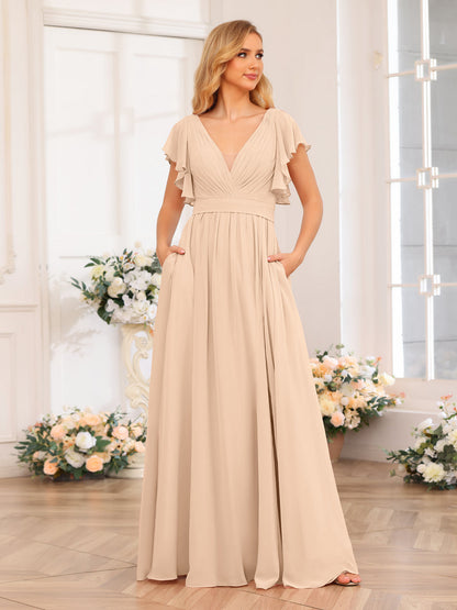 Vestidos Longos de Festa de Casamento com Decote Em V A-Line/Princesa com Laterais Divididas e Bolsos