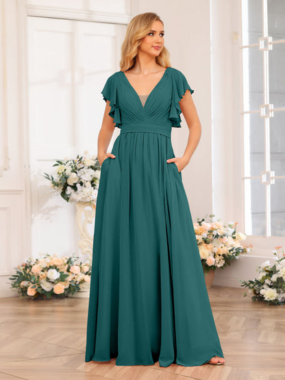 Vestidos Longos de Festa de Casamento com Decote Em V A-Line/Princesa com Laterais Divididas e Bolsos