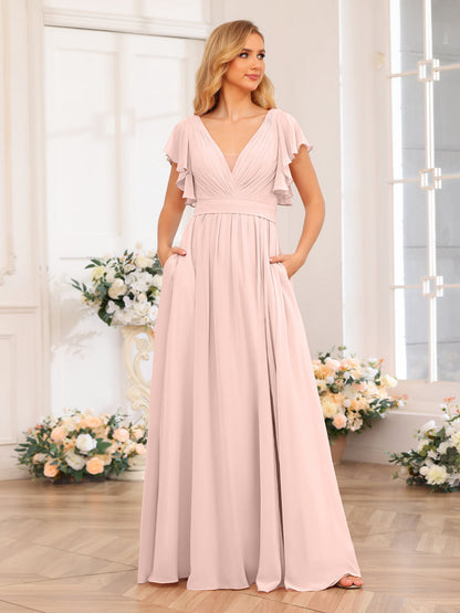 Vestidos Longos de Festa de Casamento com Decote Em V A-Line/Princesa com Laterais Divididas e Bolsos