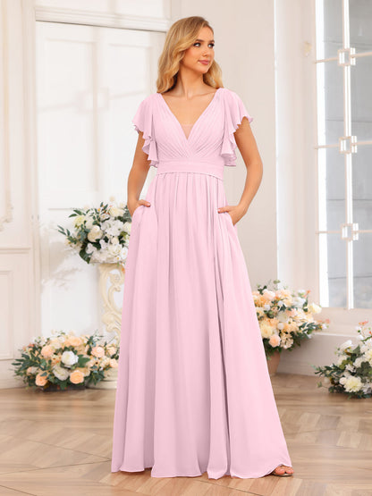 Vestidos Longos de Festa de Casamento com Decote Em V A-Line/Princesa com Laterais Divididas e Bolsos