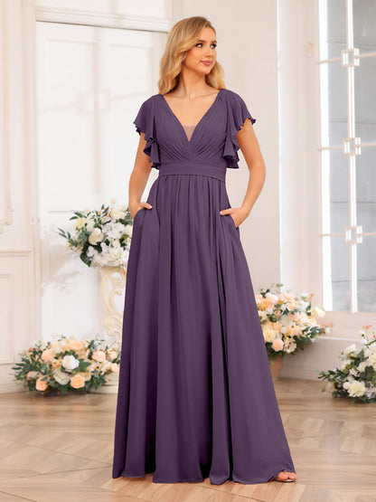 Vestidos Longos de Festa de Casamento com Decote Em V A-Line/Princesa com Laterais Divididas e Bolsos