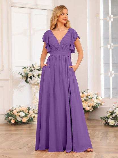 Vestidos Longos de Festa de Casamento com Decote Em V A-Line/Princesa com Laterais Divididas e Bolsos