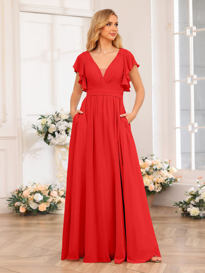 Vestidos Longos de Festa de Casamento com Decote Em V A-Line/Princesa com Laterais Divididas e Bolsos