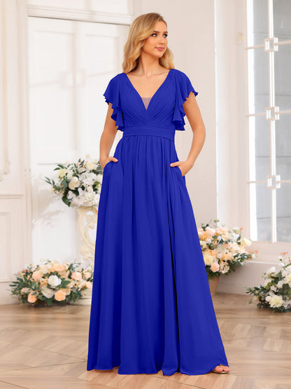 Vestidos Longos de Festa de Casamento com Decote Em V A-Line/Princesa com Laterais Divididas e Bolsos