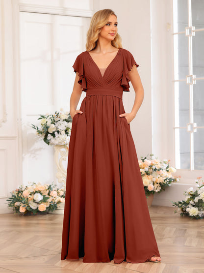 Vestidos Longos de Festa de Casamento com Decote Em V A-Line/Princesa com Laterais Divididas e Bolsos