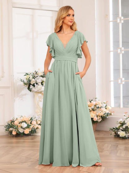 Vestidos Longos de Festa de Casamento com Decote Em V A-Line/Princesa com Laterais Divididas e Bolsos