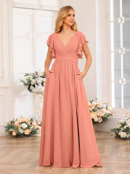 Vestidos Longos de Festa de Casamento com Decote Em V A-Line/Princesa com Laterais Divididas e Bolsos