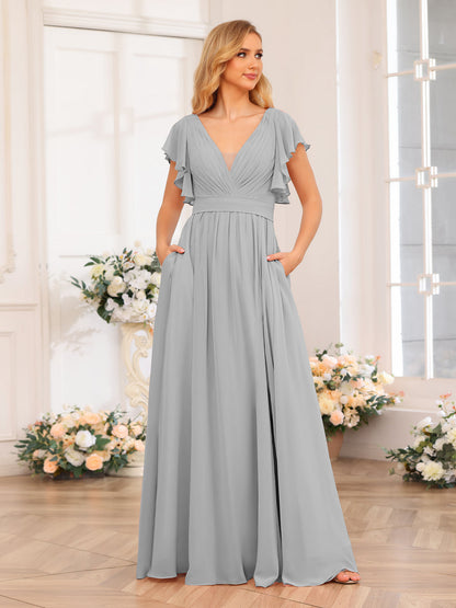 Vestidos Longos de Festa de Casamento com Decote Em V A-Line/Princesa com Laterais Divididas e Bolsos