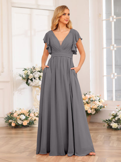 Vestidos Longos de Festa de Casamento com Decote Em V A-Line/Princesa com Laterais Divididas e Bolsos