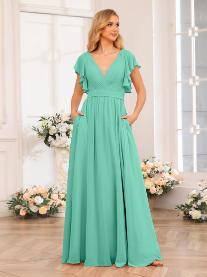 Vestidos Longos de Festa de Casamento com Decote Em V A-Line/Princesa com Laterais Divididas e Bolsos