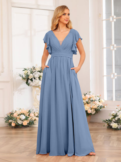 Vestidos Longos de Festa de Casamento com Decote Em V A-Line/Princesa com Laterais Divididas e Bolsos