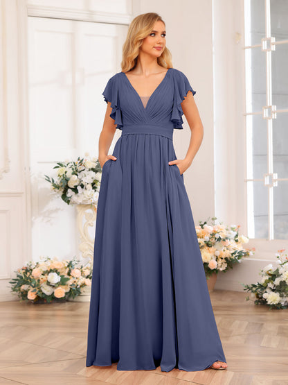 Vestidos Longos de Festa de Casamento com Decote Em V A-Line/Princesa com Laterais Divididas e Bolsos