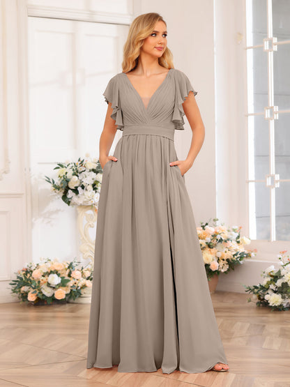 Vestidos Longos de Festa de Casamento com Decote Em V A-Line/Princesa com Laterais Divididas e Bolsos