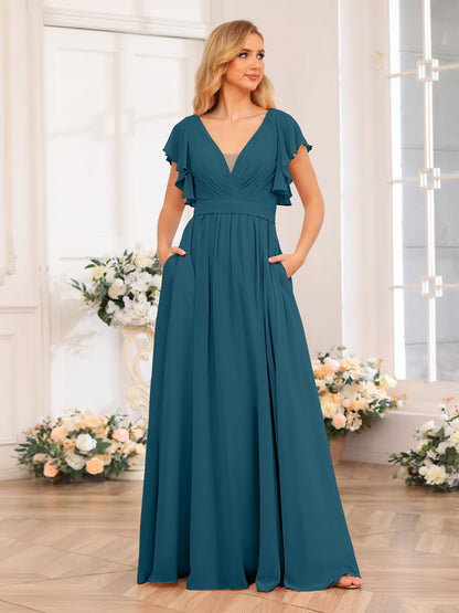 Vestidos Longos de Festa de Casamento com Decote Em V A-Line/Princesa com Laterais Divididas e Bolsos