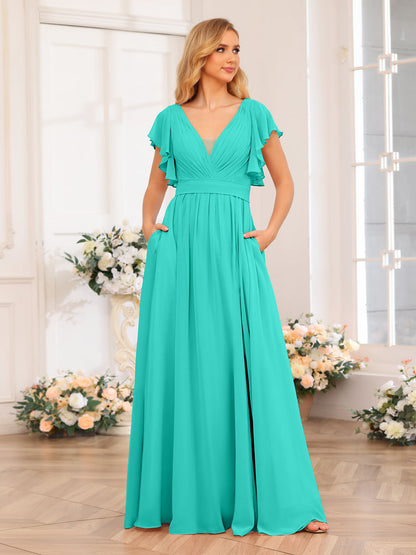 Vestidos Longos de Festa de Casamento com Decote Em V A-Line/Princesa com Laterais Divididas e Bolsos
