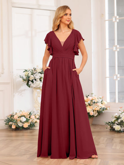 Vestidos Longos de Festa de Casamento com Decote Em V A-Line/Princesa com Laterais Divididas e Bolsos