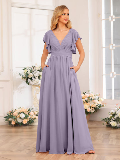 Vestidos Longos de Festa de Casamento com Decote Em V A-Line/Princesa com Laterais Divididas e Bolsos