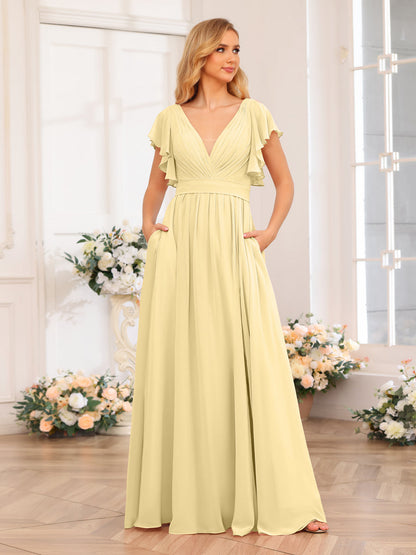 Vestidos Longos de Festa de Casamento com Decote Em V A-Line/Princesa com Laterais Divididas e Bolsos