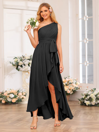 Vestidos Longos de Festa de Casamento com Um Ombro Só Corte A/Princesa e Faixa