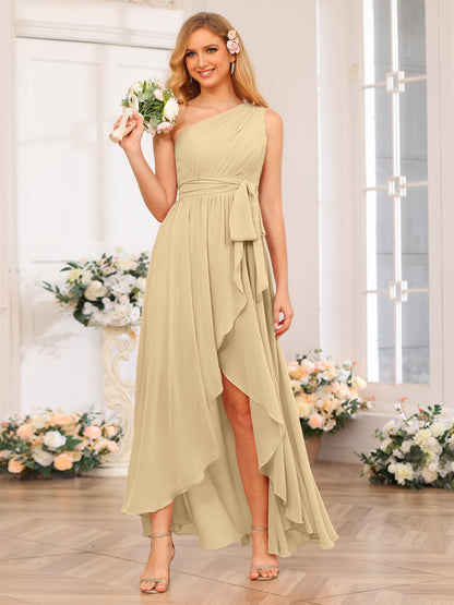 Vestidos Longos de Festa de Casamento com Um Ombro Só Corte A/Princesa e Faixa