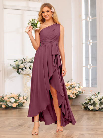 Vestidos Longos de Festa de Casamento com Um Ombro Só Corte A/Princesa e Faixa