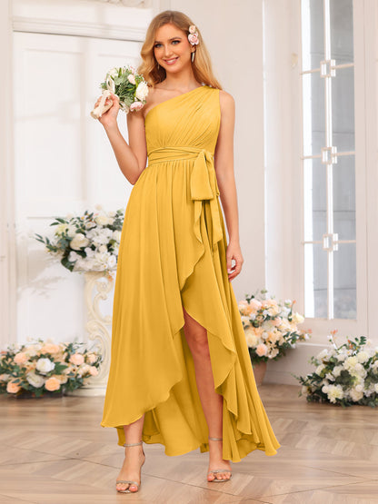 Vestidos Longos de Festa de Casamento com Um Ombro Só Corte A/Princesa e Faixa