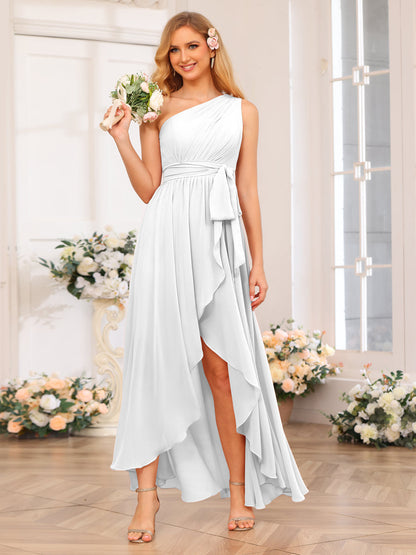 Vestidos Longos de Festa de Casamento com Um Ombro Só Corte A/Princesa e Faixa