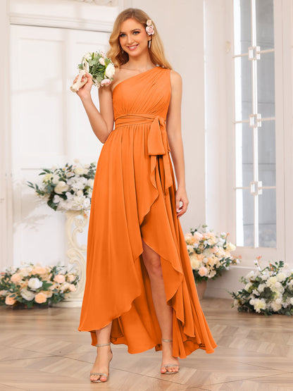 Vestidos Longos de Festa de Casamento com Um Ombro Só Corte A/Princesa e Faixa