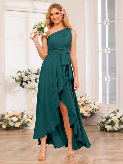 Vestidos Longos de Festa de Casamento com Um Ombro Só Corte A/Princesa e Faixa
