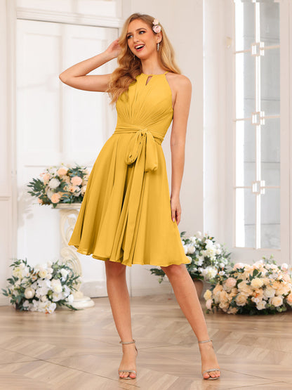 A-Line/Princesa Halter Vestidos Curtos de Festa de Casamento com Faixa