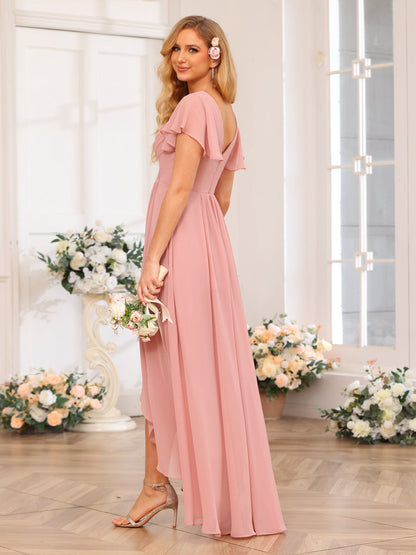 Vestidos Longos de Festa de Casamento Evasê/Princesa com Decote Em V e Babados
