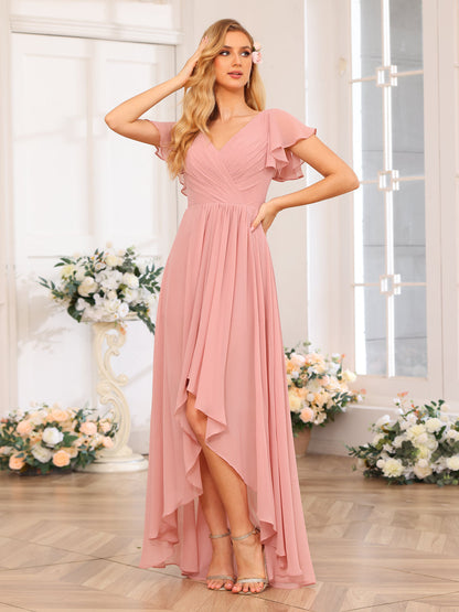 Vestidos Longos de Festa de Casamento Evasê/Princesa com Decote Em V e Babados