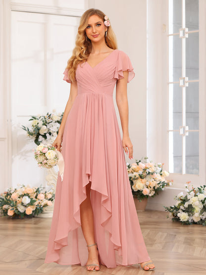 Vestidos Longos de Festa de Casamento Evasê/Princesa com Decote Em V e Babados