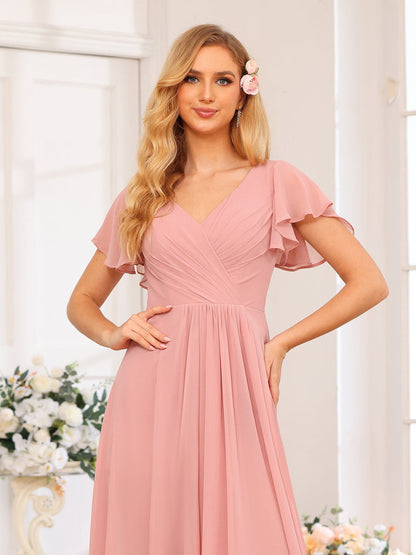 Vestidos Longos de Festa de Casamento Evasê/Princesa com Decote Em V e Babados