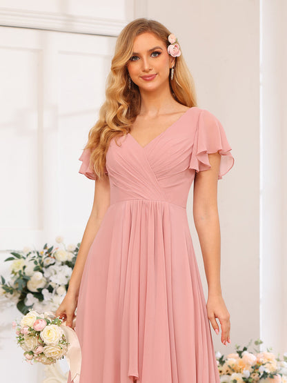 Vestidos Longos de Festa de Casamento Evasê/Princesa com Decote Em V e Babados