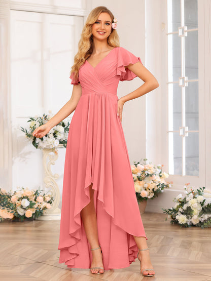 Vestidos Longos de Festa de Casamento Evasê/Princesa com Decote Em V e Babados