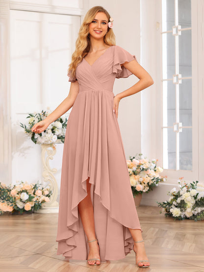 Vestidos Longos de Festa de Casamento Evasê/Princesa com Decote Em V e Babados