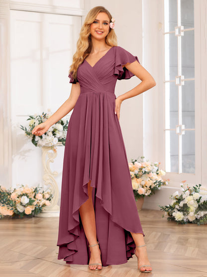 Vestidos Longos de Festa de Casamento Evasê/Princesa com Decote Em V e Babados
