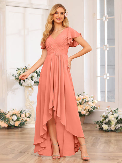 Vestidos Longos de Festa de Casamento Evasê/Princesa com Decote Em V e Babados