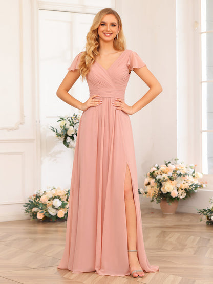 Vestidos Longos de Festa de Casamento com Decote Em V A-Line/Princesa com Laterais Divididas e Bolsos