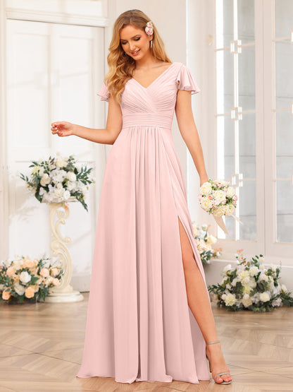 Vestidos Longos de Festa de Casamento com Decote Em V A-Line/Princesa com Laterais Divididas e Bolsos