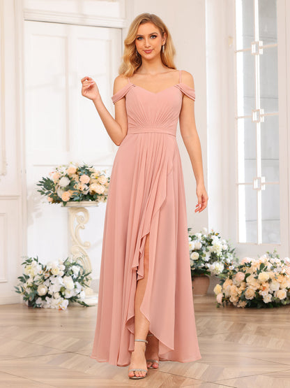 A-Line/Princesa Alças Finas Vestidos Longos de Festa de Casamento com Lado Dividido