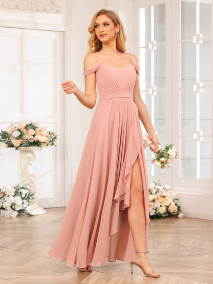 A-Line/Princesa Alças Finas Vestidos Longos de Festa de Casamento com Lado Dividido